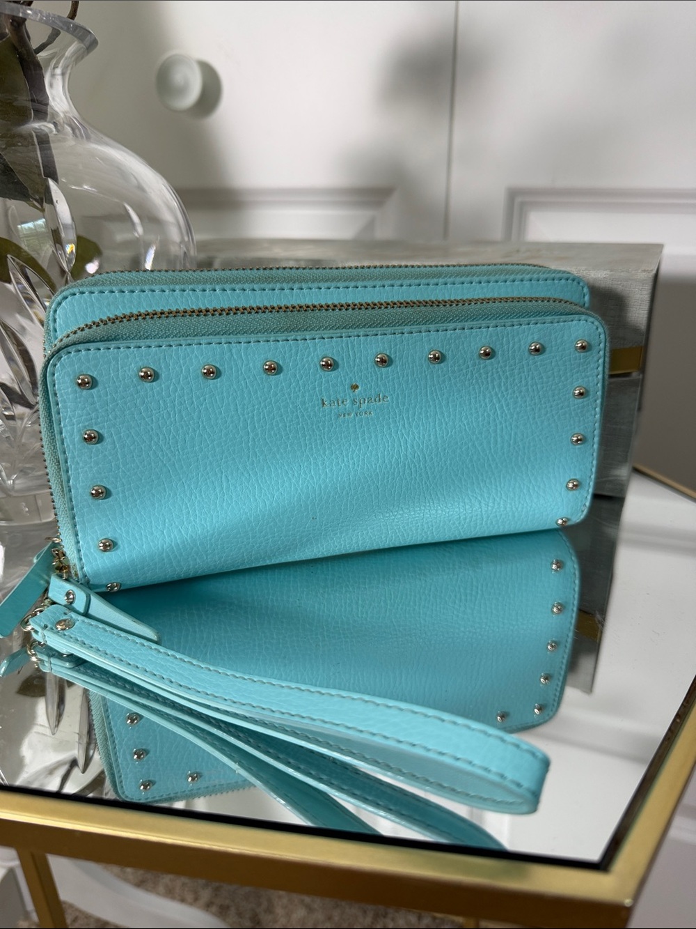 kate spade RARE Tiffany blue studded wristlet clutch